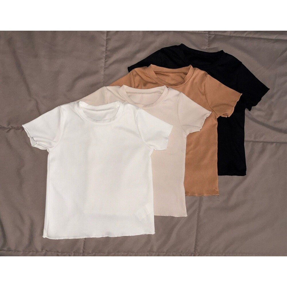4 Pk Girls Toddler Solid Ribbed Tshirts Beige White Brown Black Ruffle Hem 3-4T